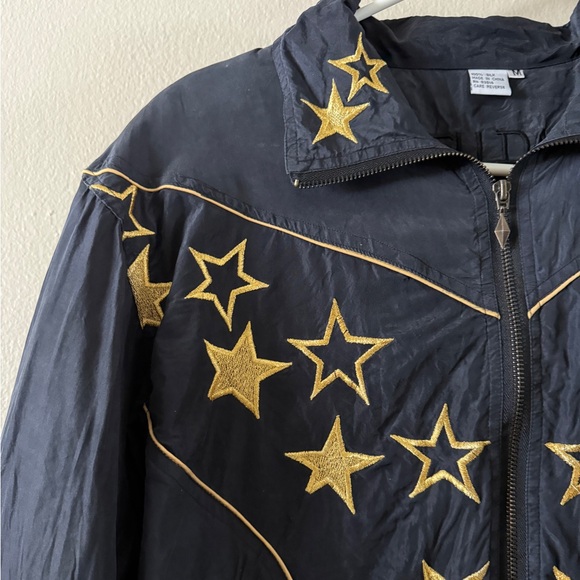 Vintage Fu Da 100% Silk Black Windbreaker with Embroidered Gold Stars size M - Picture 5 of 8